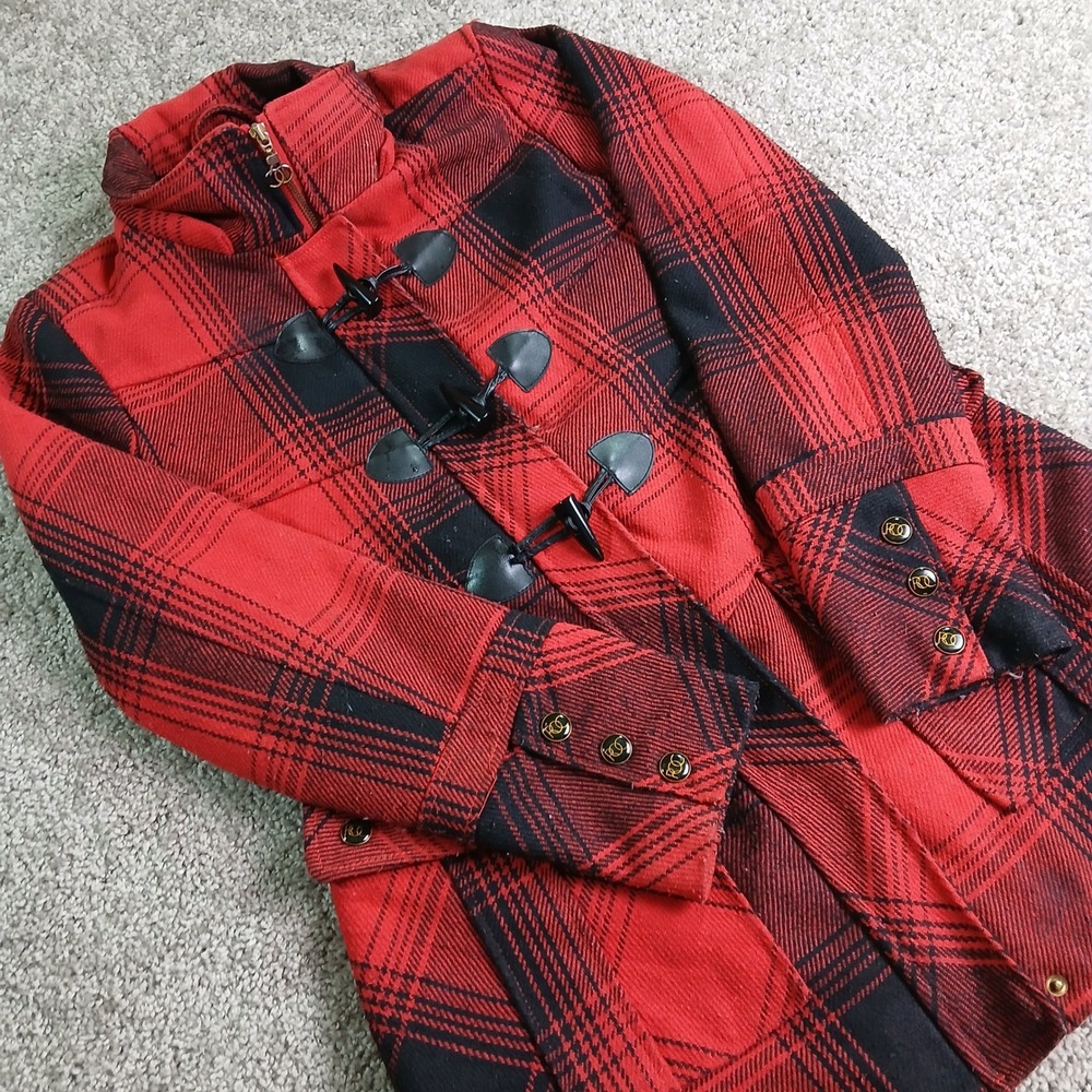 Rocawear Red Black Plaid Toggle Duffle Coat Funnel Neck Jacket Faux Fur